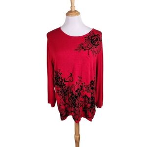 Alfred Dunner Sweater Red Black Floral, Sz 1X